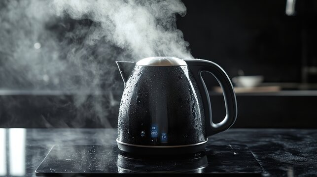 A modern electric kettle actively boiling water