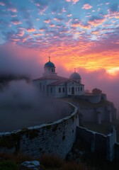 A stunning monastery emerges through the fog at sunrise, its architecture blending with the natural landscape to create a serene and mystical atmosphere.