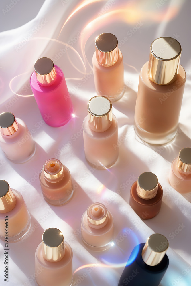 Poster collection of foundation bottles arranged aesthetically on a textured surface with soft lighting and