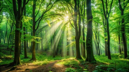 Obraz premium Dense foliage and towering trees under a canopy of dappled sunlight filtering through leaves in a lush green forest environment, woodland, forest floor