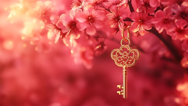 Gorgeous golden keys and locks with pink blossoms in the backdrop enticing eid ul fitar celebration banner