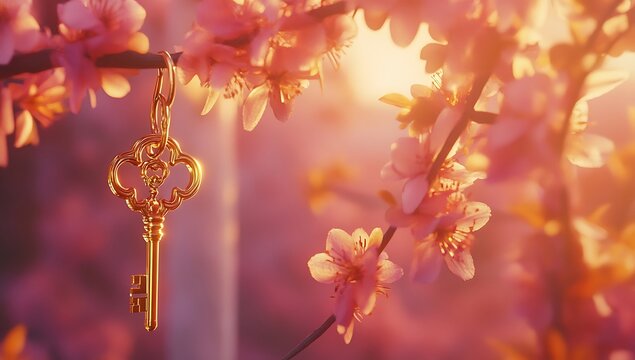 Gorgeous golden keys and locks with pink blossoms in the backdrop enticing eid ul fitar celebration banner