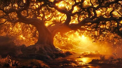 sunlit ancient oak tree at stream with misty fog drifting around, dreamy nature landscape - Powered by Adobe