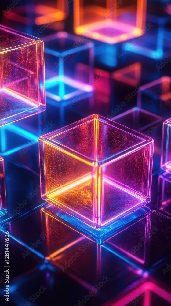 Poster vibrant neon cubes on reflective surface modern abstract design with geometric precision and dynamic