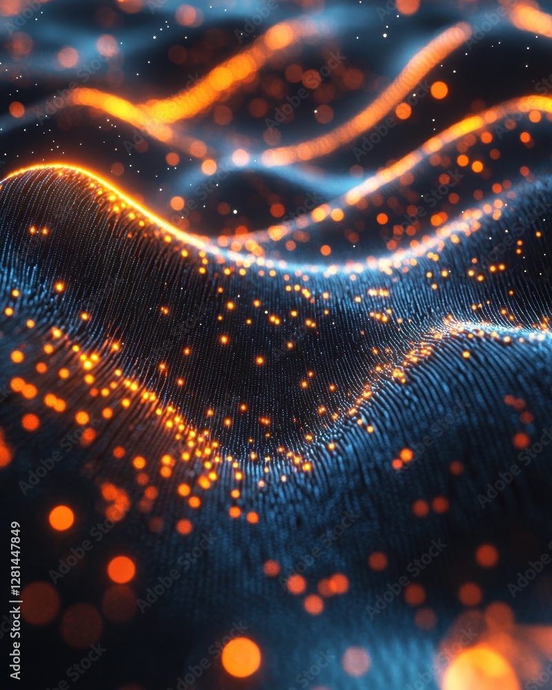 Poster abstract glowing particle waves on dark background capturing dynamic movement and futuristic energy