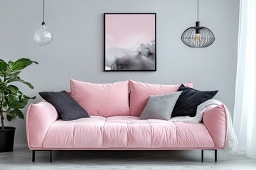 Pink Velvet Sofa in Modern Living Room