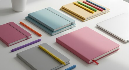 A clean and organized workspace displays colorful notebooks and pens alongside a minimalist laptop and mug, inspiring creativity and productivity.