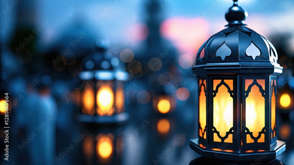 Poster Glowing lanterns illuminate a serene dusk setting, creating a warm, inviting atmosphere.