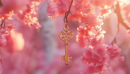 Gorgeous golden keys and locks with pink blossoms in the backdrop enticing eid ul fitar celebration banner