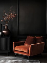 Modern Orange Armchair And Flowers In A Dark Room Setting