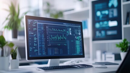 Fototapeta premium A computer monitor displays a graph of some sort, with a keyboard