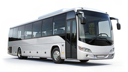 A sleek, modern white bus with large windows, designed for passenger transport. isolated on white background
