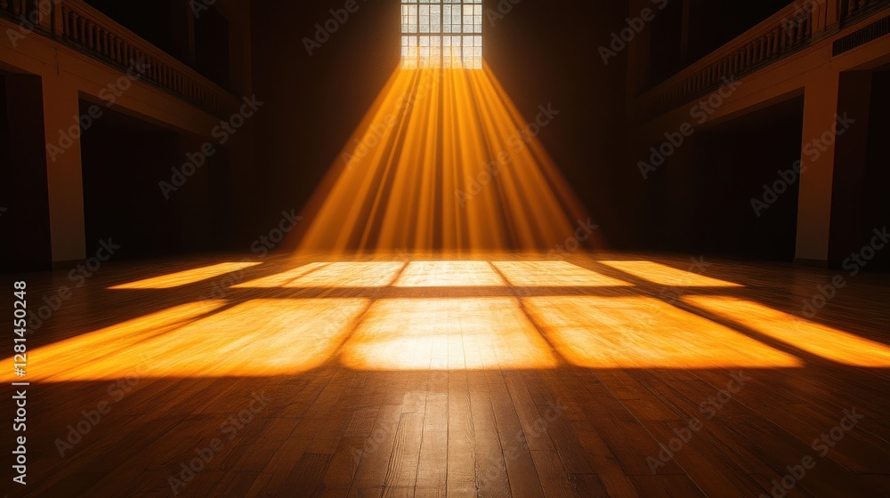Poster sunlight streaming through window in dark room creates illuminated pattern on floor
