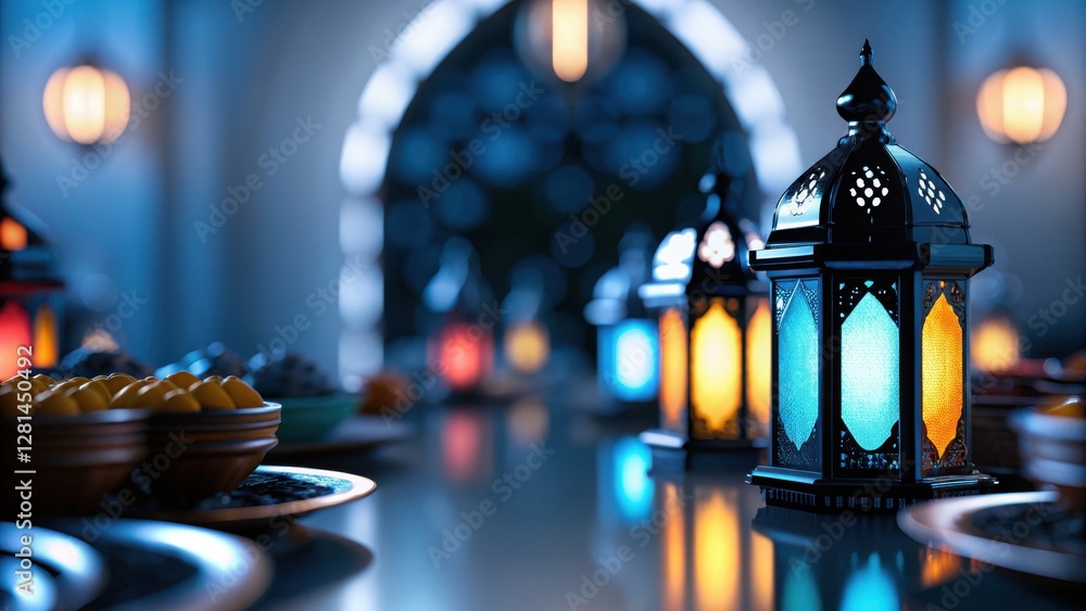 Poster colorful lanterns illuminate a festive table setting in a cozy atmosphere.