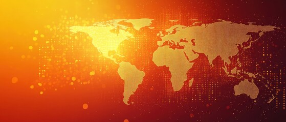 Digital world map with glowing dots on gradient orange background depicting global connectivity and data visualization for technology and business concept