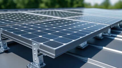 Close-up of solar panels installed on a metal roof, with a blurred green background suggesting trees.