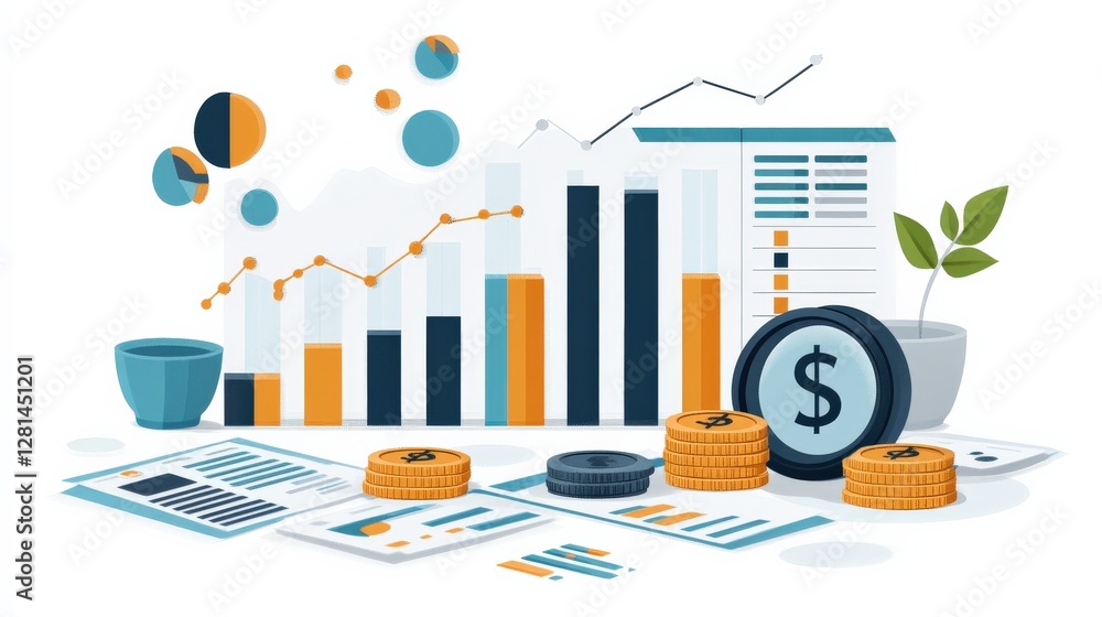Poster financial data analysis with graphs, charts, and currency coins on a desk setting