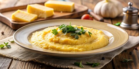 Polenta and cheese on a plate, creamy texture, warm golden light , polenta, warm,  polenta, warm, background, plate