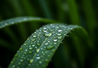 Glistening water droplets adorn a vibrant green blade of grass, revealing nature's delicate beauty in a captivating, close-up view.