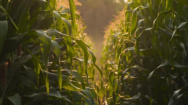 Slow-motion of a corn plant sway gently in breeze as the morning with sun light, Tilt up and Handheld shots