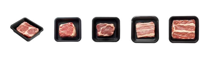 Fresh Raw Meat Cuts in Black Styrofoam Containers for Cooking