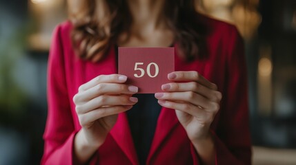 Top 50 Businesswoman Holding Card Sign with Leadership List Message