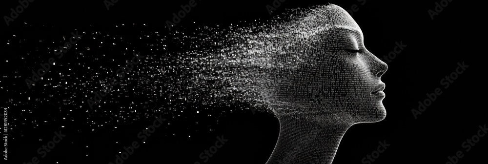 Aufkleber Human face dissolving into binary code represents the future of artificial intelligence and data integration in society. Generative AI