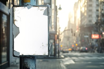 Blank White Poster Mockup on Urban Street: Perfect for Advertising, Branding, and Street Art Projects. Showcase your designs on a realistic city backdrop. High-resolution image ideal for print and    