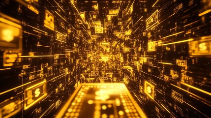 A hightech golden trading chart with an upward trend, money exchange visuals, and wealth symbols, representing stock market success and financial strategy