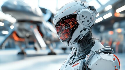 Fototapeta premium A cybernetic humanoid pilot wearing a heavily armored exosuit and a sleek, high tech helmet with holographic HUD interface, preparing to board