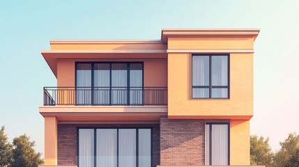 Fototapeta premium Modern Two-Story House With Large Windows and Balcony in a Suburban Neighborhood During Bright Daylight