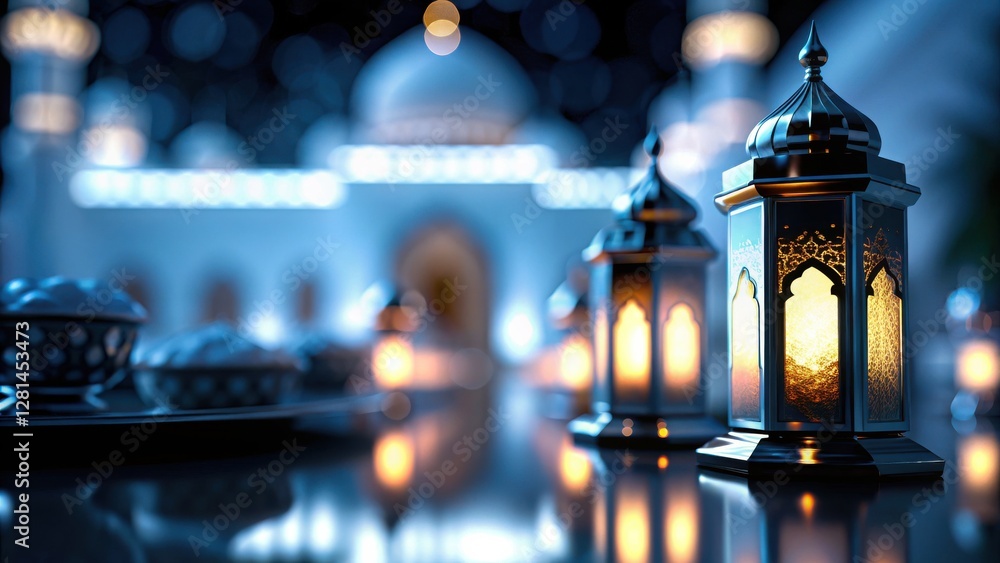 Poster beautiful lanterns illuminated against a soft blue background, creating a serene ambiance.