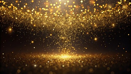 Glittering gold dust particles suspended in mid-air against a dark background, luxury, glitzy