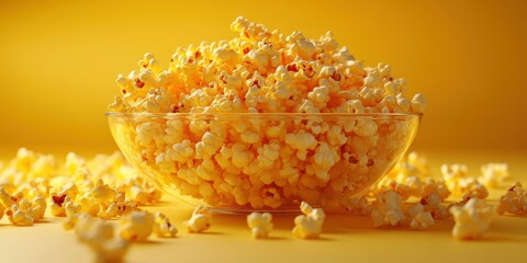 Bowl filled with freshly popped popcorn against a vibrant yellow background