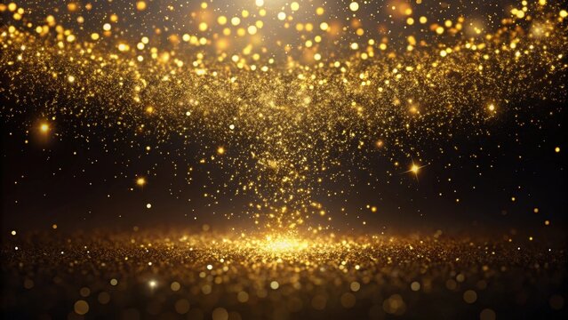 Glittering gold dust particles suspended in mid-air against a dark background, luxury, glitzy