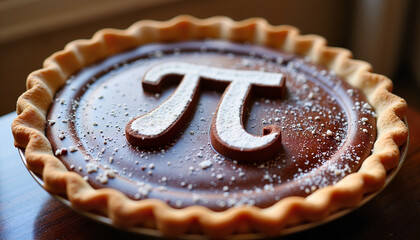 A beautifully baked chocolate pie topped with the Pi symbol, celebrating the fusion of dessert and mathematics. Perfect for Pi Day festivities and themed parties.