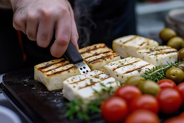 A delicious preparation of cypriot breakfast featuring grilled halloumi, olives, and fresh tomatoes. Enjoy this delightful meal as part of international breakfasts.
