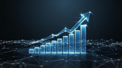 A dynamic futuristic digital concept showcasing a glowing bar graph with an upward arrow, symbolizing growth, progress, and success in a high-tech environment.