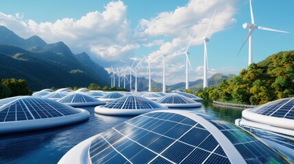 A futuristic floating solar farm with self adjusting panels tracking the sun, surrounded by AI managed wind turbines, symbolizing sustainable energy technology