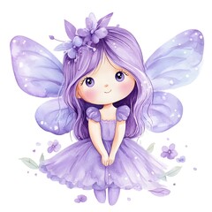 A sweet watercolor fairy with lavender hair and wings smiles charmingly, surrounded by delicate purple blossoms, embodying innocence and fairytale magic. © ArmirAI