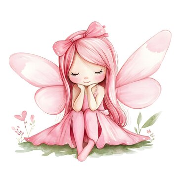 A charming watercolor illustration of a sweet fairy girl with pink hair and wings, sitting peacefully with her eyes closed, dreaming happily.