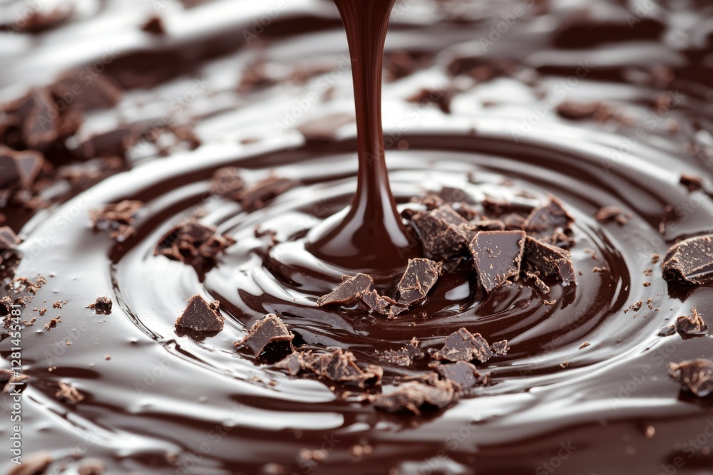 Poster decadent dark chocolate cascade creating delicious ripples with scattered chunks in a smooth liquid 