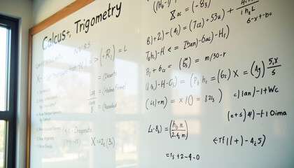 A glass board in a classroom filled with trigonometric formulas and diagrams, perfect for illustrating the relationships between circles, angles, and Pi.