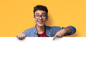 Very happy man wear glasses, braces stand behind blank empty banner mockup sign board signboard,...