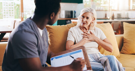 Woman, nurse and talking with documents for checkup procedure, medical questions and healthcare survey. Mature patient, caregiver and paperwork for information, diagnosis notes and treatment at house