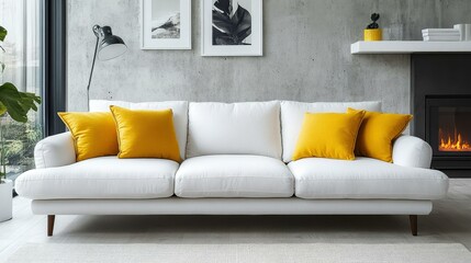 Modern White Sofa with Mustard Yellow Pillows