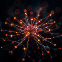 Neuron structure with glowing orange synapses, branching dendrites, dark biological network, scientific close-up