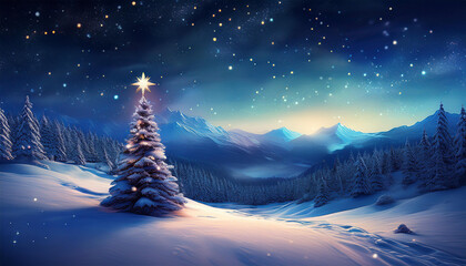 beau paysage feerique de montagne couverts de neige avec sapin la nuit flocon et ciel etoile joyeux noel bonne annee bonne vacances d hiver au ski fond de voeux avec espace de copie pour texte