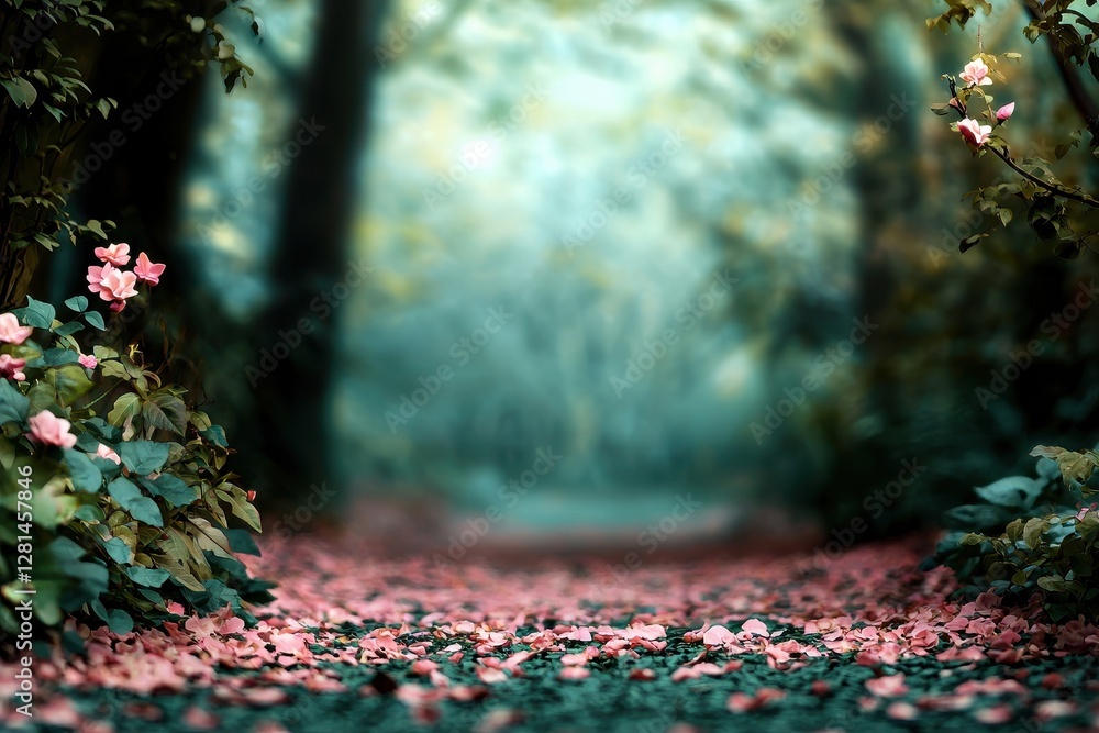 Poster a tranquil forest path lined with blooming flowers and carpeted with fallen leaves, creating a seren