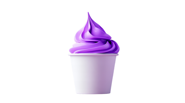 A digital rendering of a purple soft serve ice cream is featured within a white paper cup.  Its swirls are smooth and shiny, towering gracefully above its container, evocative of summery sweetness.